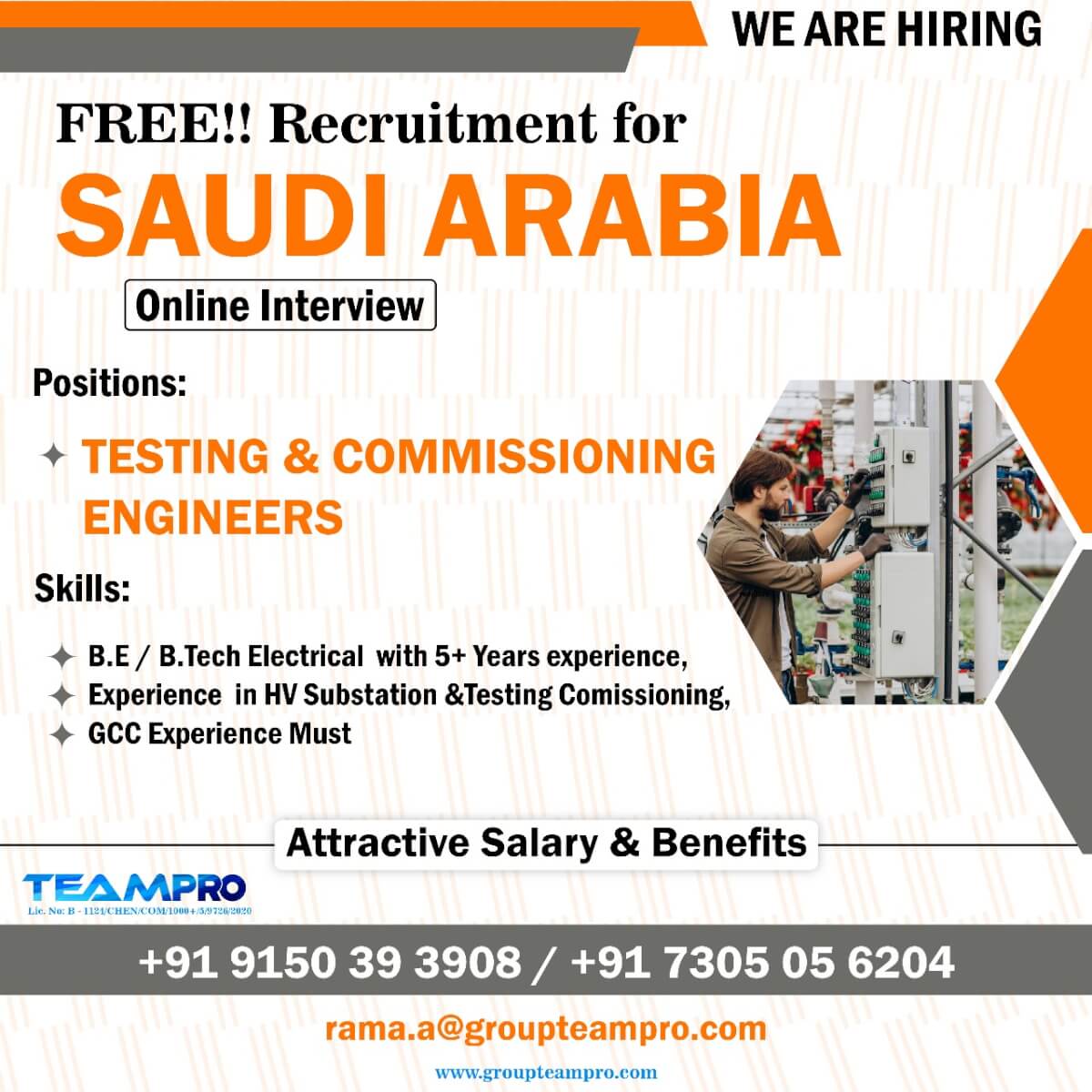 RE: Free Recruitment For Testing &Commissioning Engineer-Saudi Arabia