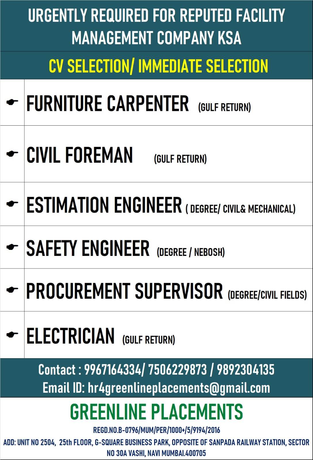 URGENT REQUIRED FOR FACILITY MANAGEMENT COMPANY KSA