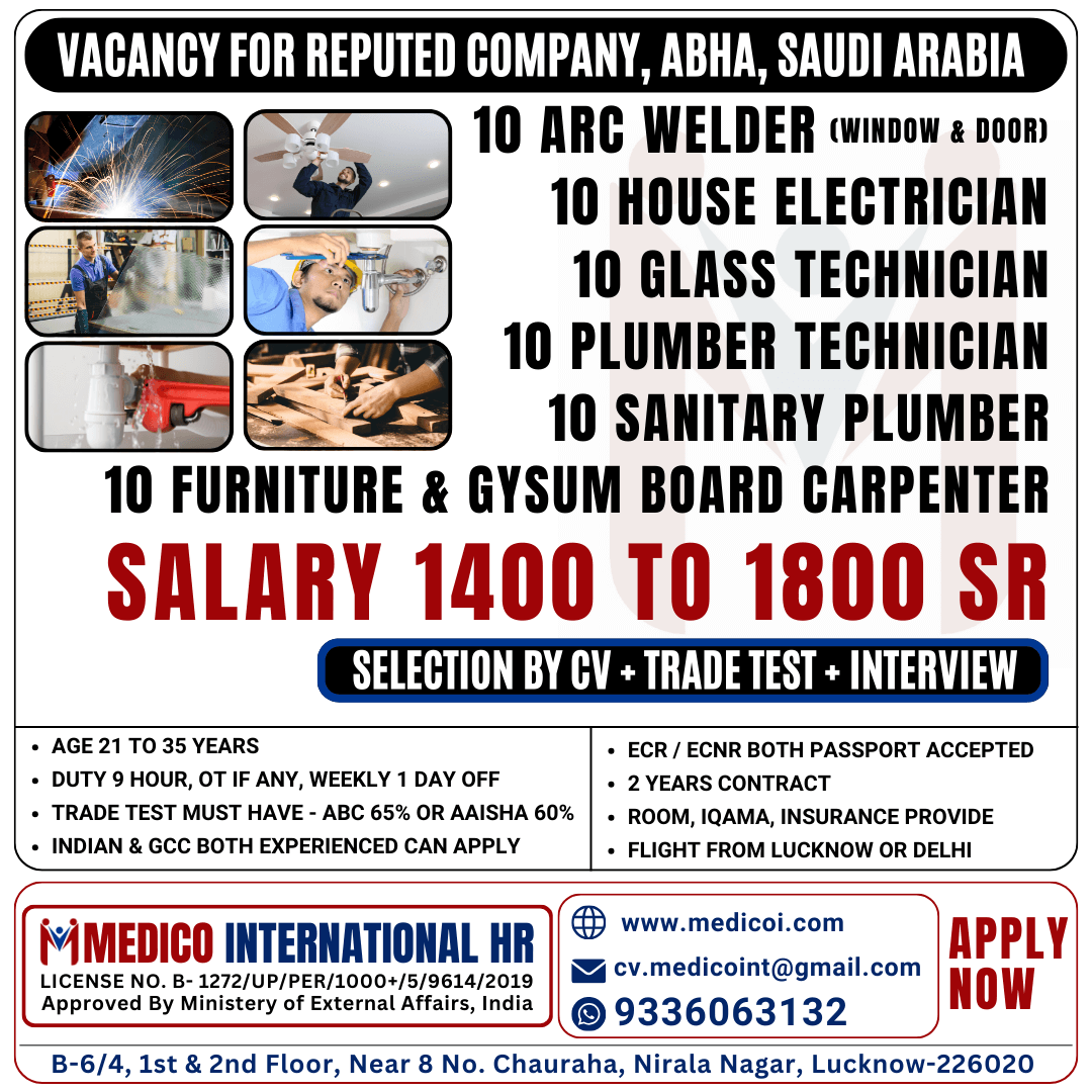 6 VACANCIES FOR REPUTED COMPANY, ABHA, SAUDI ARABIA