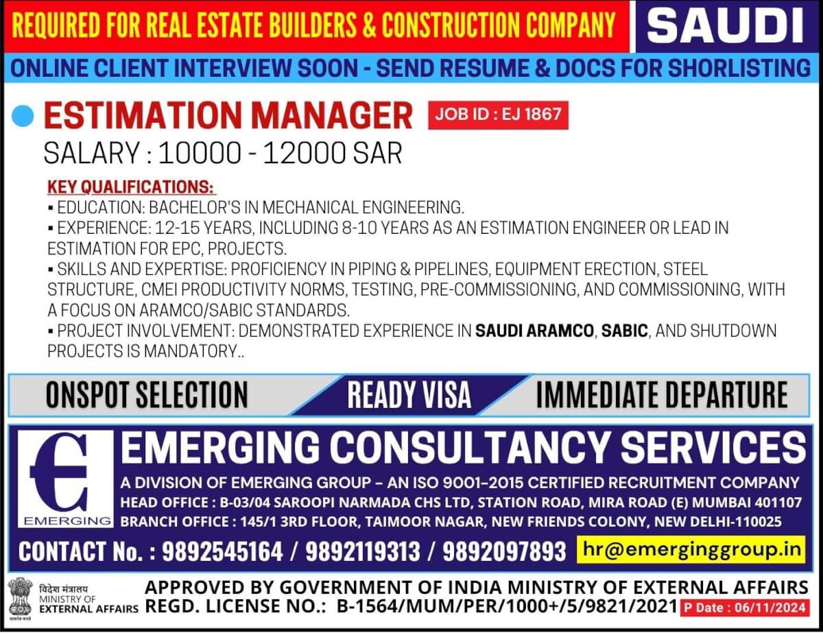 Hiring for Real Estate Builders & Construction Company in Saudi Arabia