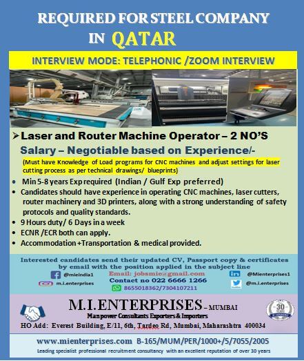 REQUIRED FOR STEEL COMPANY     IN  QATAR