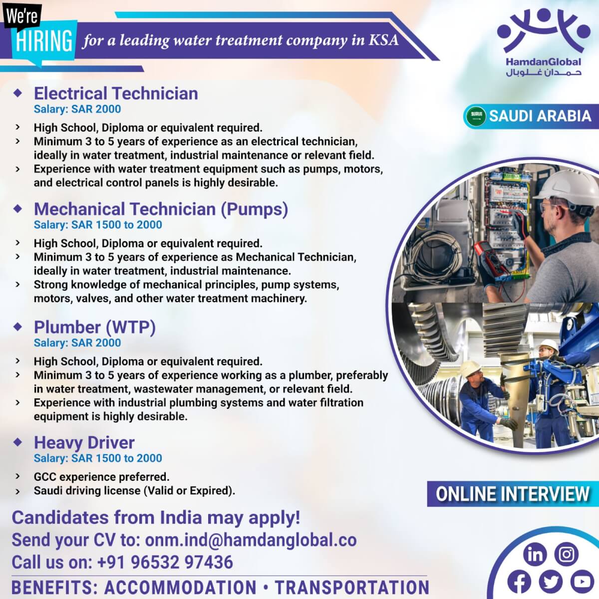 We are hiring for a Leading Water Treatment Company In KSA