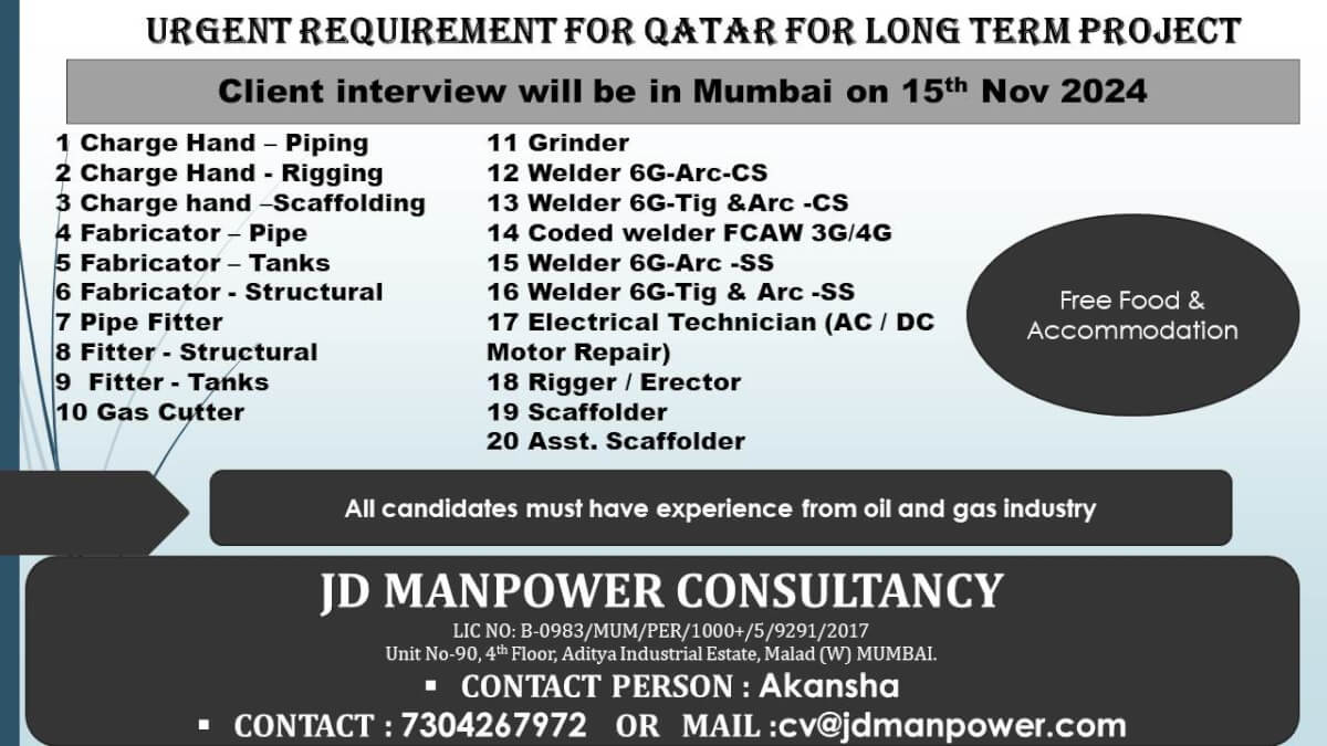 URGENT REQUIREMENT FOR QATAR FOR LONG TERM PROJECT