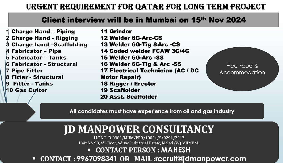 URGENT REQUIREMENT FOR QATAR FOR LONG TERM PROJECT