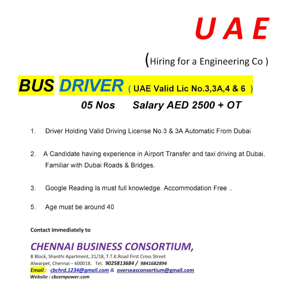 UAE BUS DRIVER ( Valid UAE License )