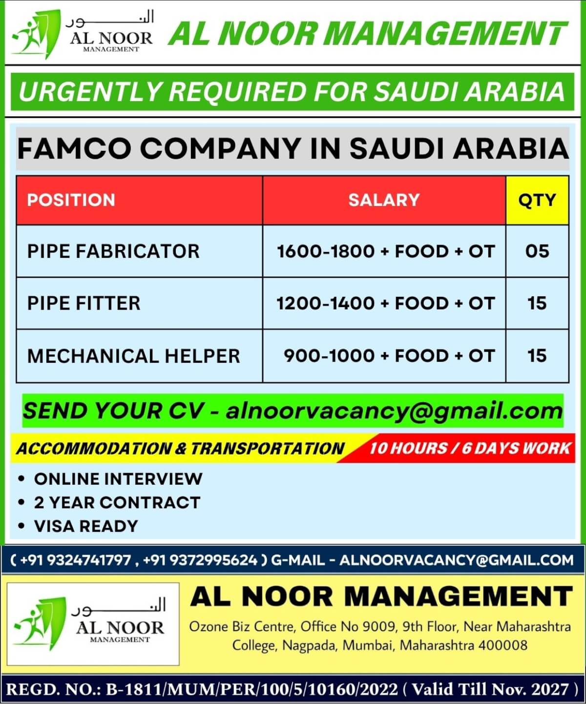 URGENTLY REQUIRED FOR FAMCO COMPANY IN SAUDI ARABIA