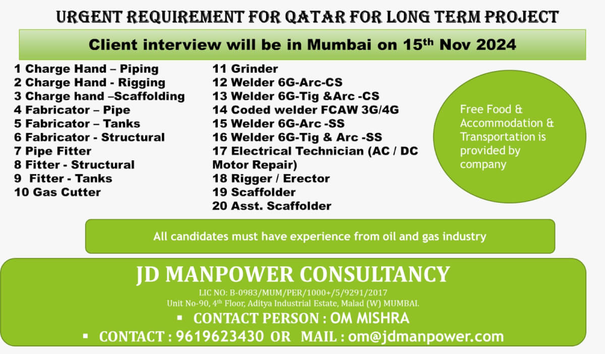 URGENT REQUIREMENT FOR QATAR FOR LONG TERM PROJECT