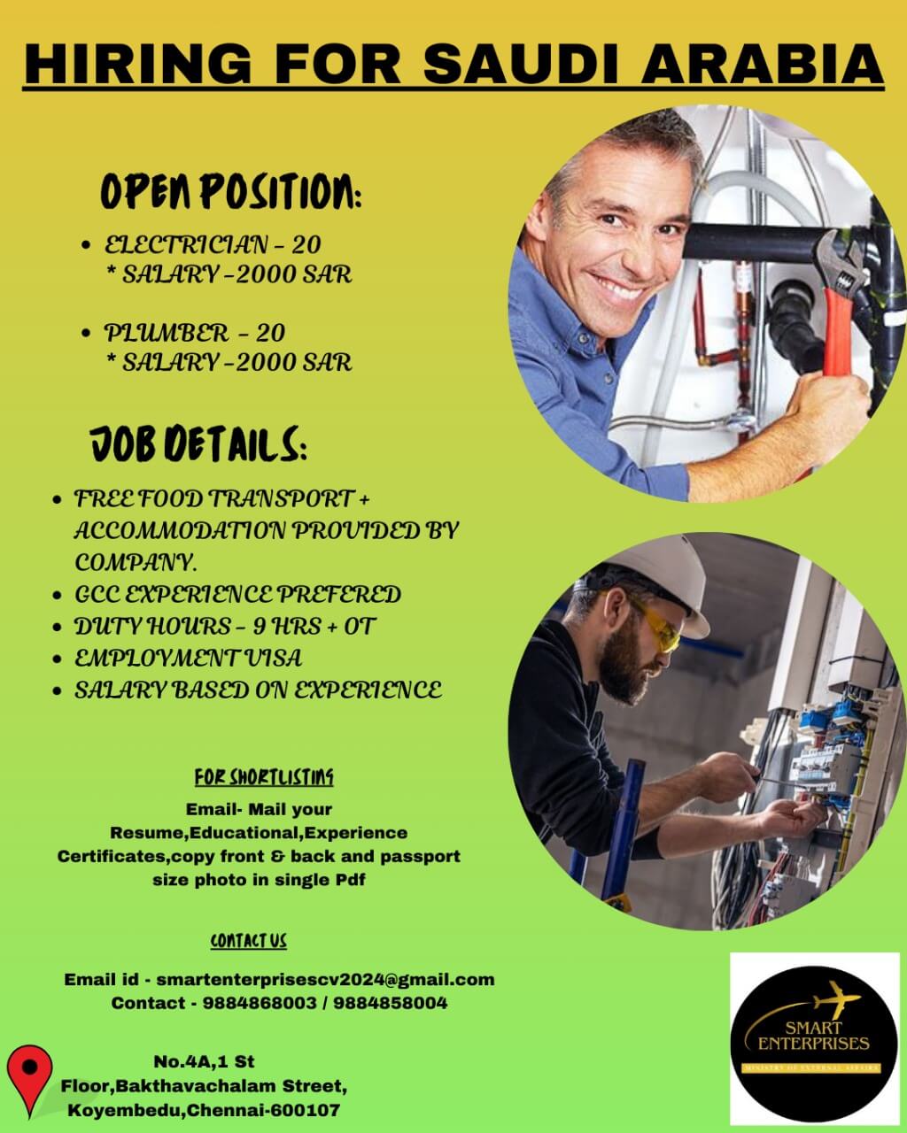 HIRING FOR SAUDI ARABIA (ELECTRICIAN AND PLUMBER)