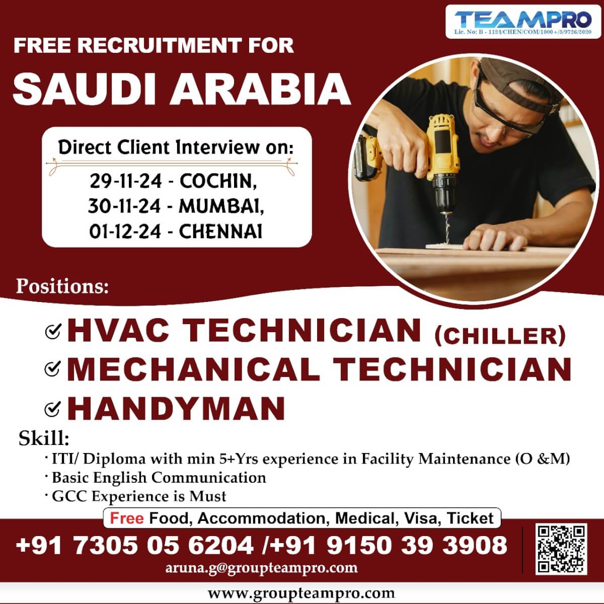 Free Recruitment for Saudi Arabia, Direct client interview @ Cochin, Mumbai &Chennai