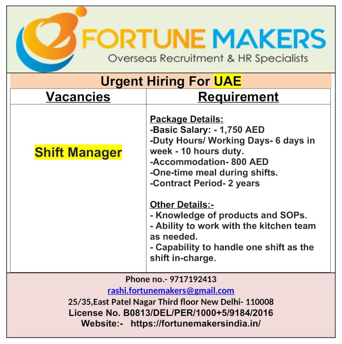 Vacancy for DUBAI