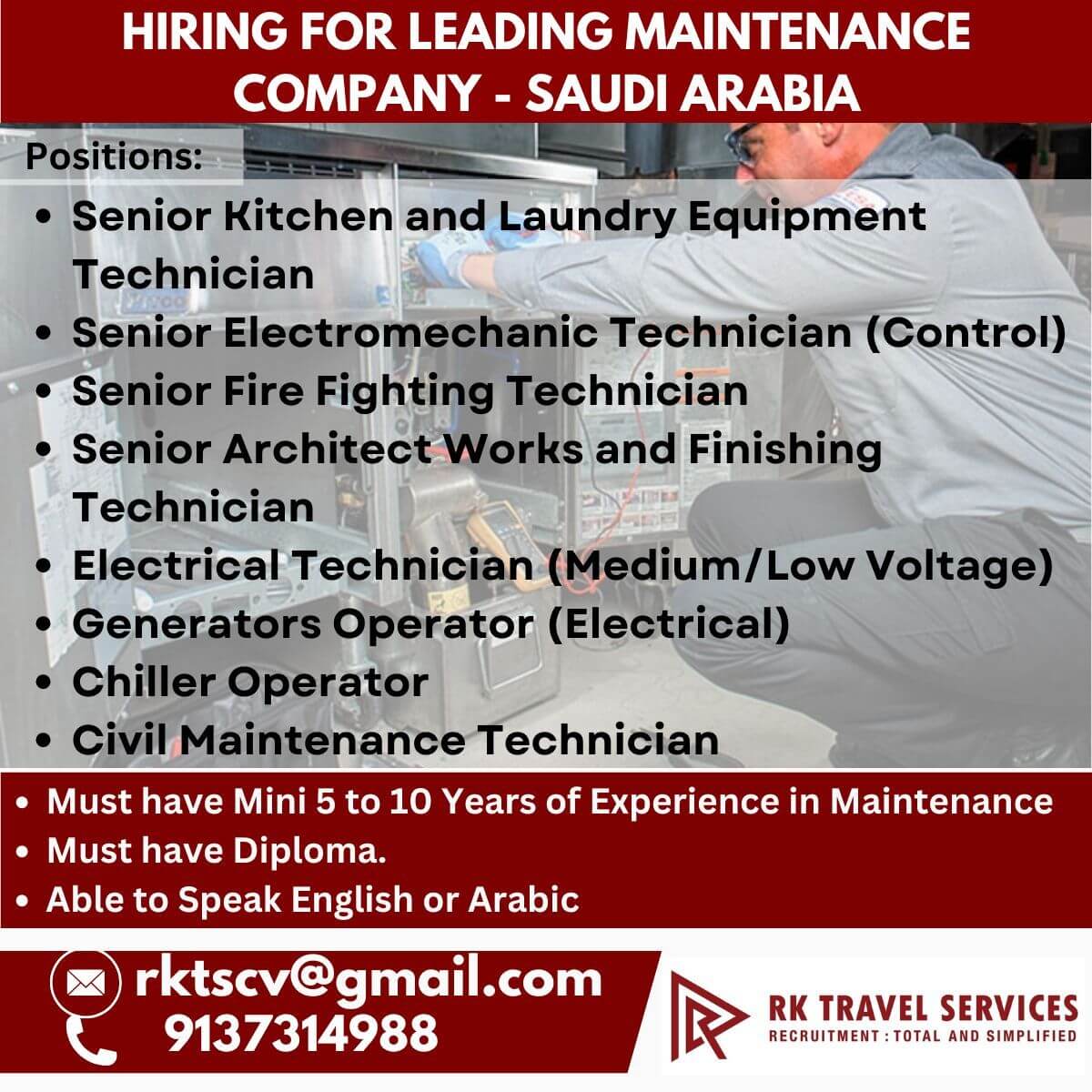 HIRING FOR LEADING MAINTENANCE  COMPANY - SAUDI ARABIA