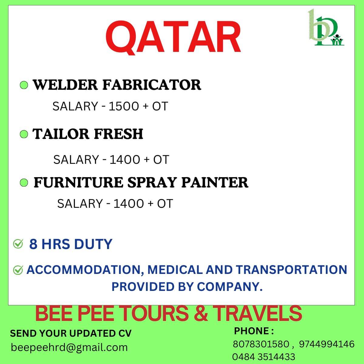 WELDER FABRICATOR FRESH, TAILOR FRESH, FURNITURE SPRAY PAINTER