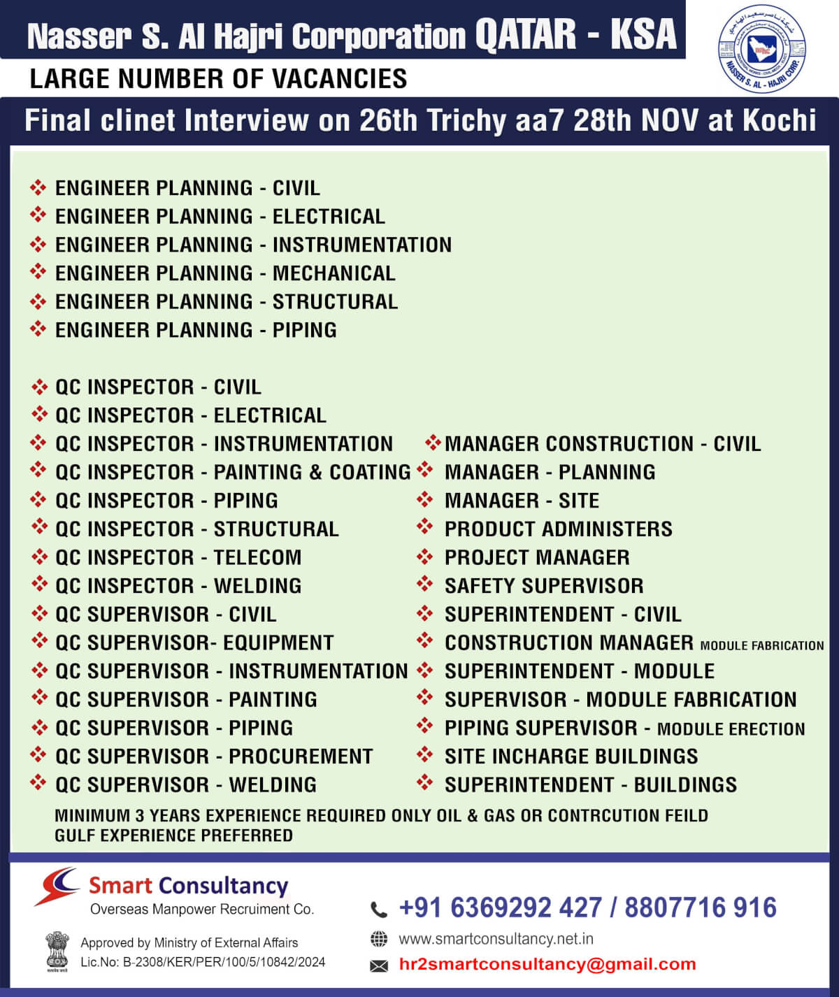 Nasser S. Al Hajri Corporation QATAR - KSA Final client Interview on 26th at Trichy &  28th NOV at Kochi , Kerala