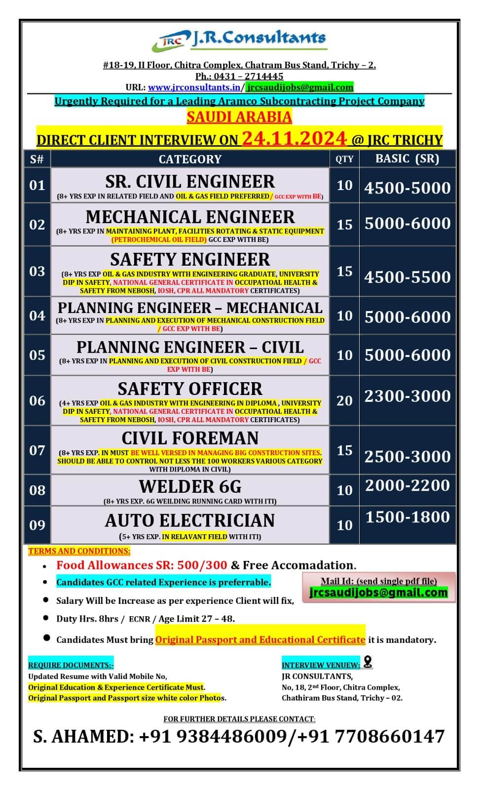 URGENTLY REQUIRED FOR A LEADING COMPANY IN SAUDI ARABIA DIRECT CLIENT INTERVIEW ON 24.11.2024 @ JRC TRICHY