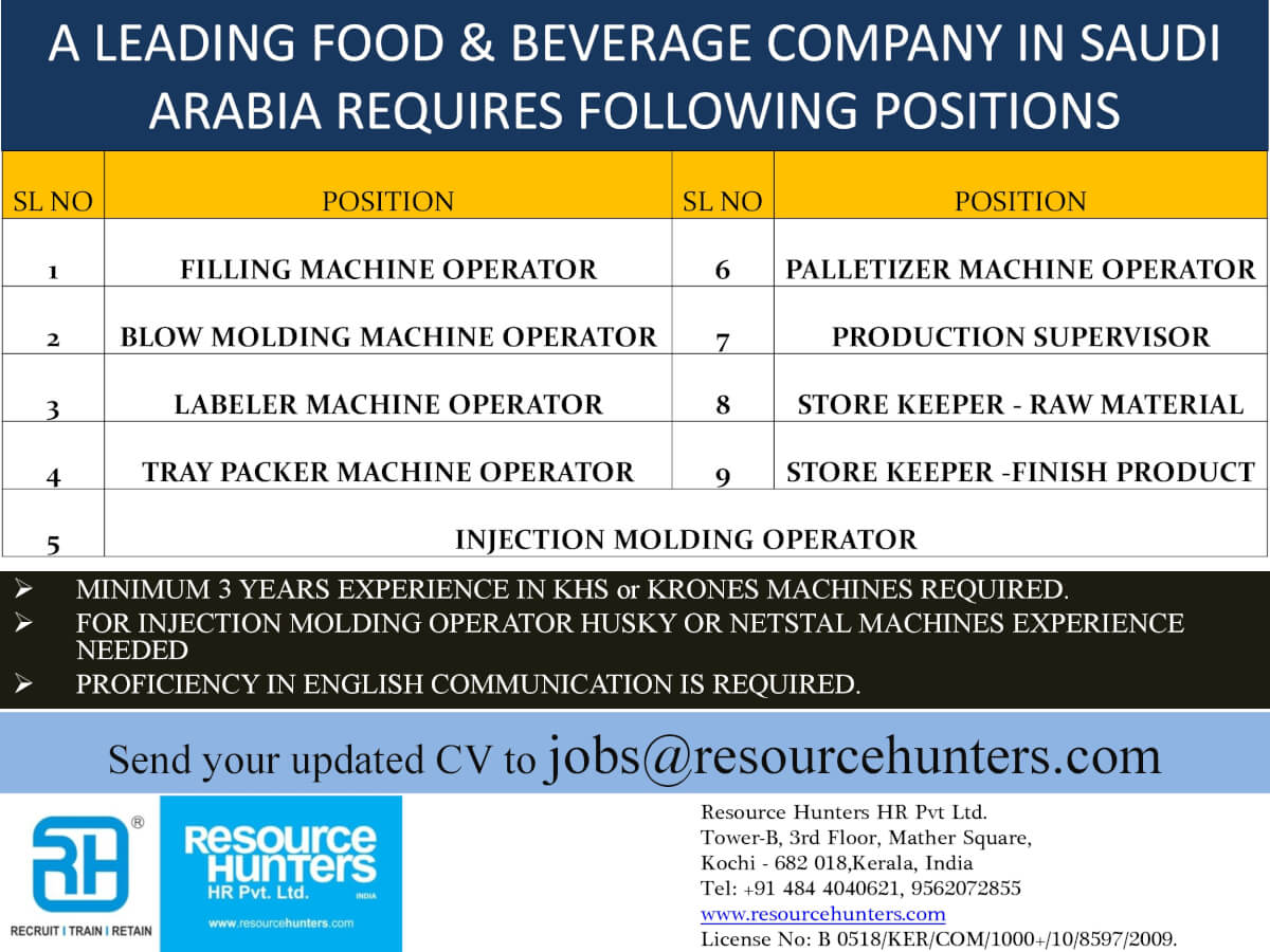 MACHINE OPERATORS/STORE KEEPER/INJECTION MOLDING OPERATOR