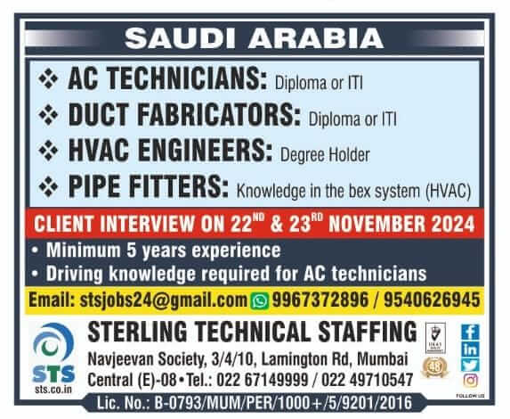 AC TECHNICIANS,DUCT FABRICATORS / INSTALLERS , HVAC ENGINEERS