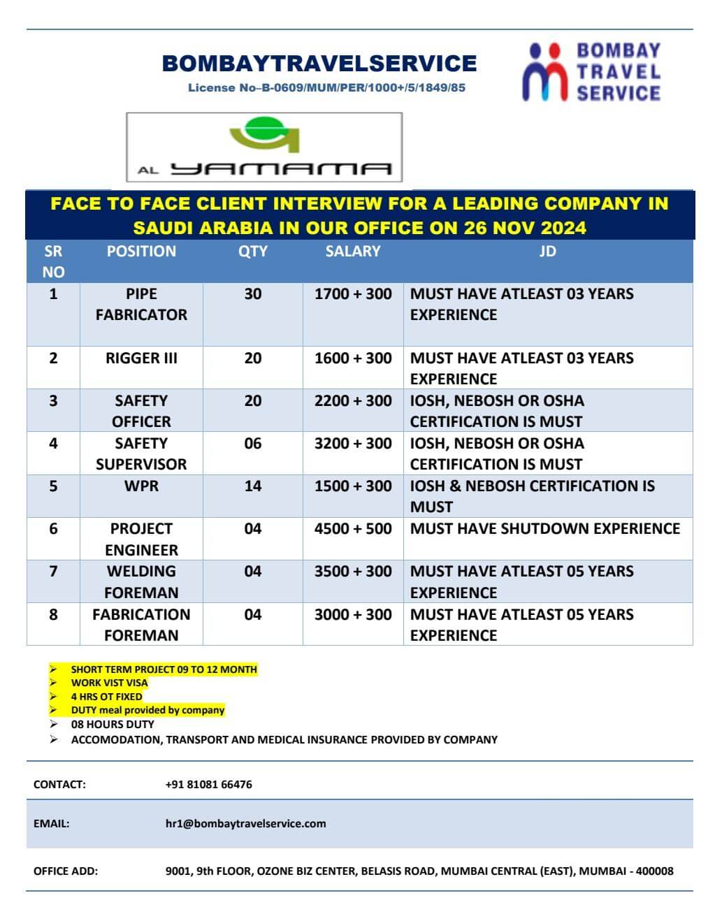 URGENTLY REQUIRED FOR A LEADING FACILITY MANAGEMENT COMPANY IN SAUDI ARABIA