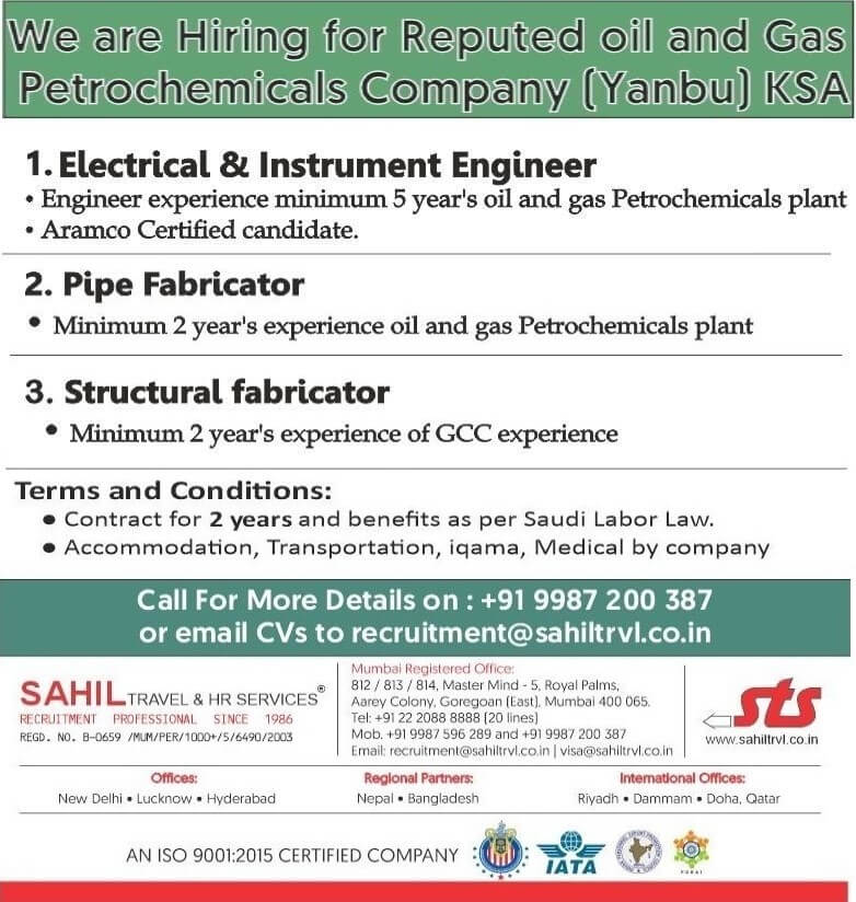 NEED ON URGENT BASIS FOR OIL, GAS & PETROCHEMICAL COMPANY IN YANBU , SAUDI ARABIA