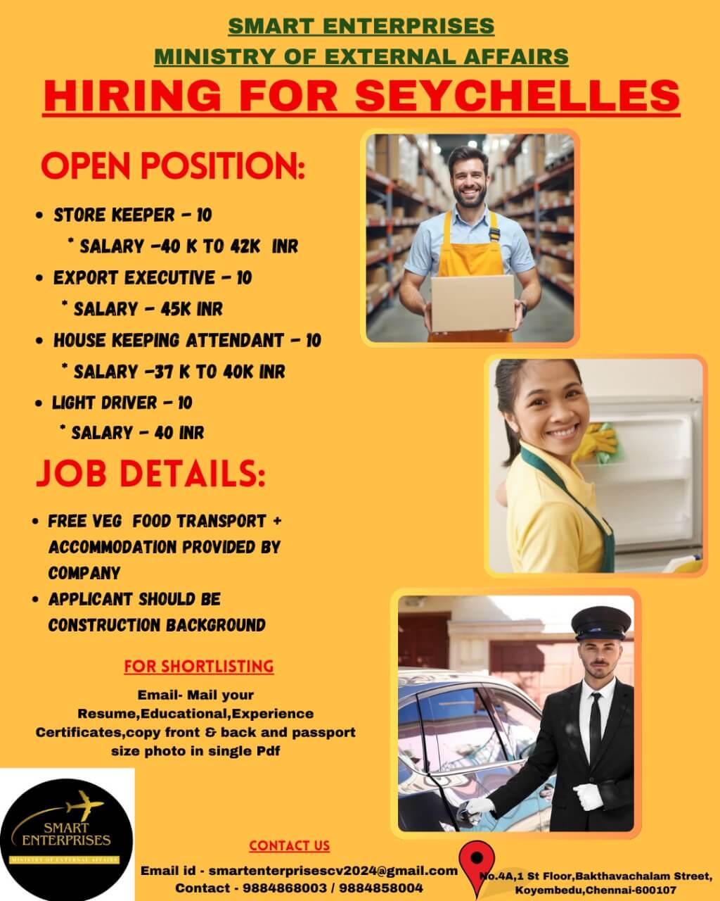 URGENT REQUIREMENT FOR SHYCHELLES LIGHT DRIVERS & STORE KEEPERS & HOUSE KEEPING & EXPORT EXCUTIVE