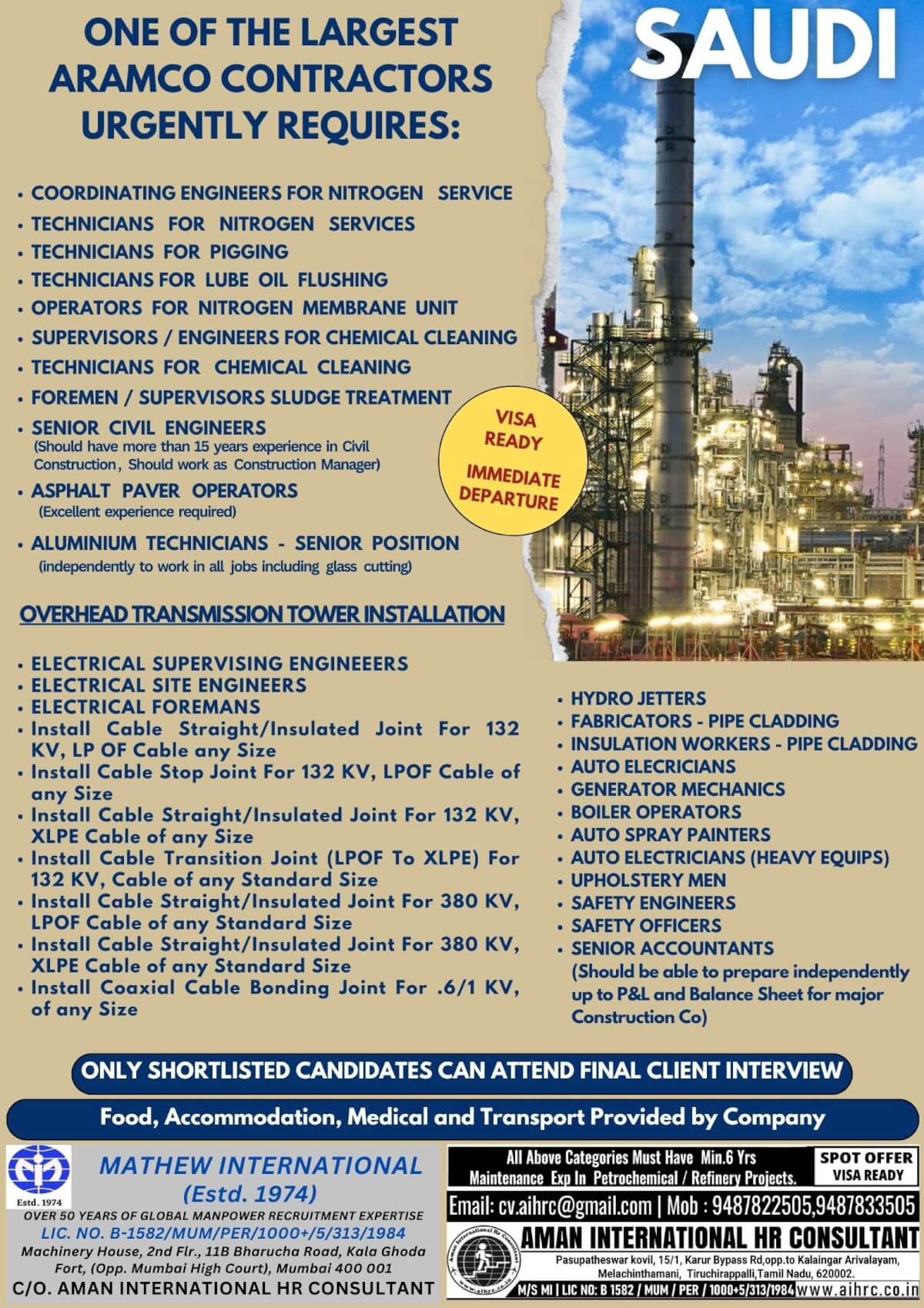 Required for Saudi Aramco Project personnel with 7 yrs. relevant Commissioning and Maintenance exp. in Oil & Gas / Refinery / Petrochemical Plant