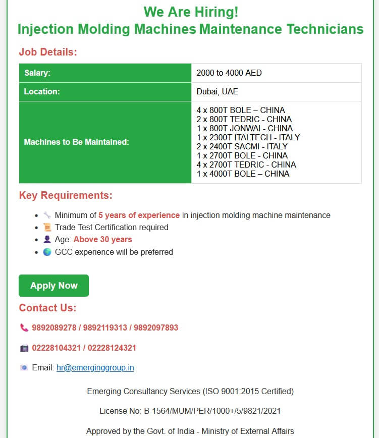 Urgently Required for Leading Maintenance company in UAE