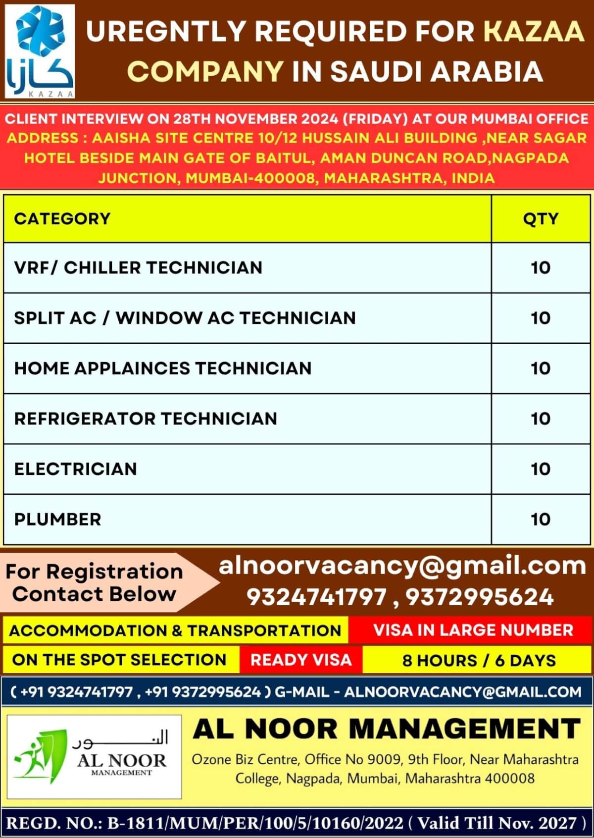 UREGNTLY REQUIRED FOR KAZAA COMPANY IN SAUDI ARABIA