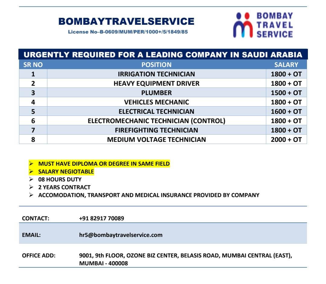 Urgently Hiring For Saudi Arabia