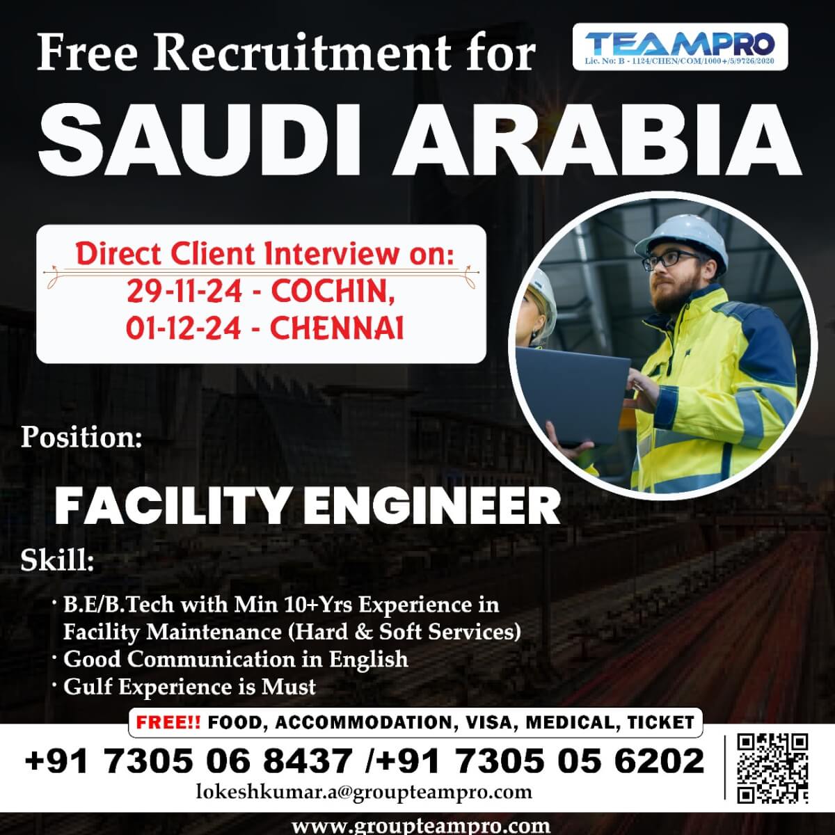 Facility Engineer in Saudi Arabia(Free Recruitment)