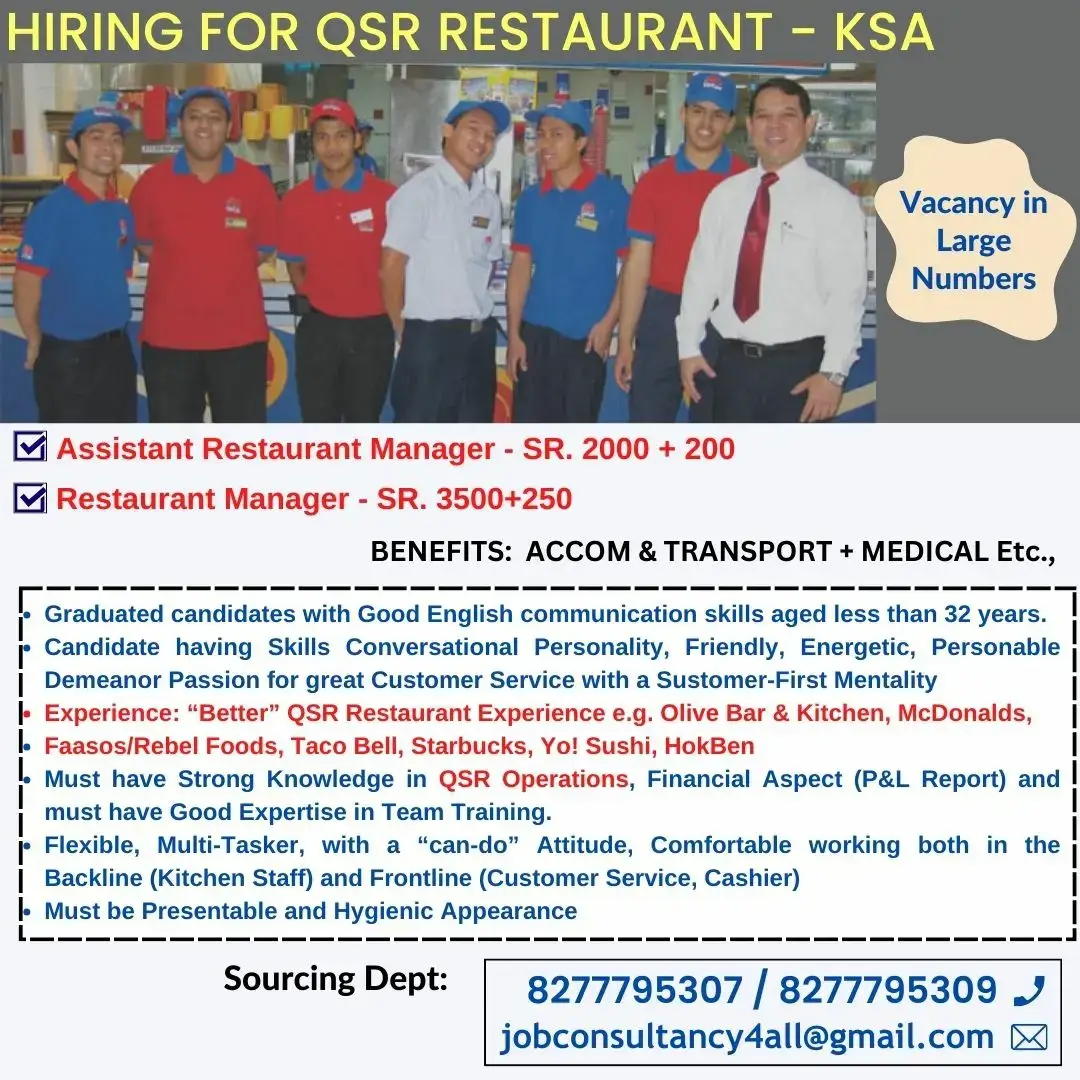 hiring for LEADING FAST FOOD CHAIN RESTAURANTS - KSA