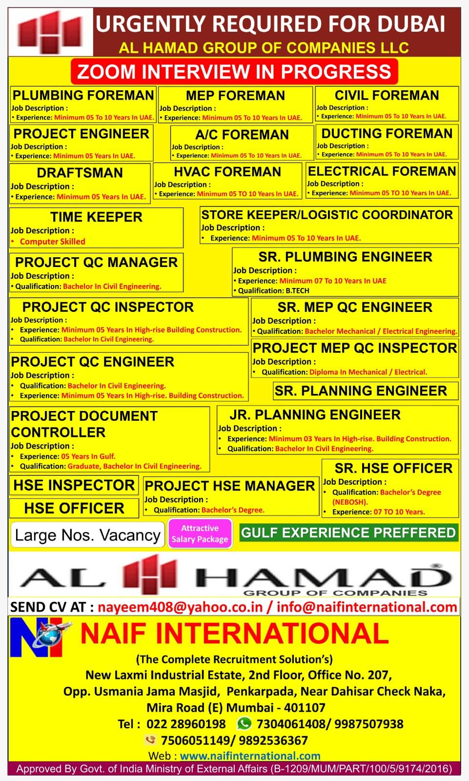 URGENTLY REQUIRED FOR DUBAI AL HAMAD GROUP OF COMPANIES LLC