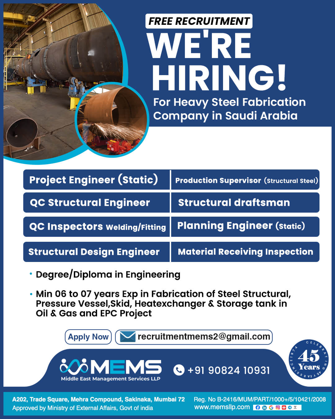 We’re Hiring For Heavy Steel Fabrication Company in Saudi Arabia 🚀