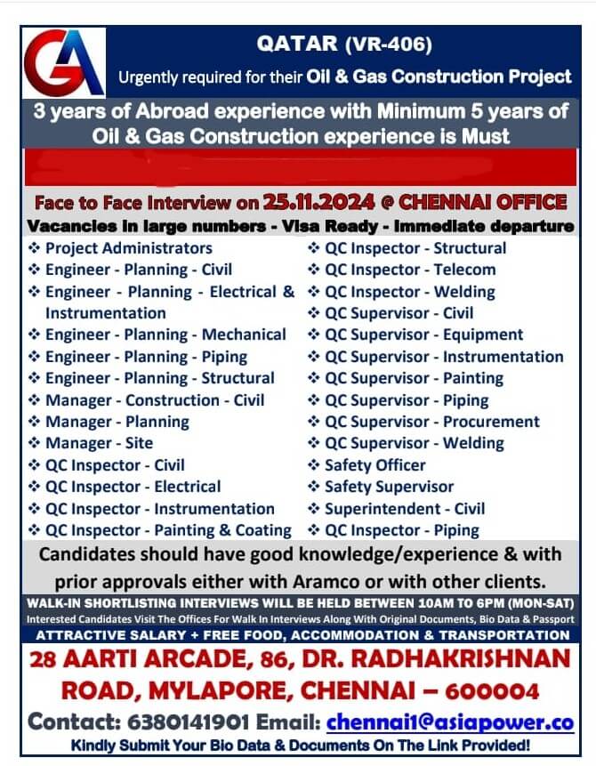 DIRECT INTERVIEW ON 25.11.2024 AT CHENNAI