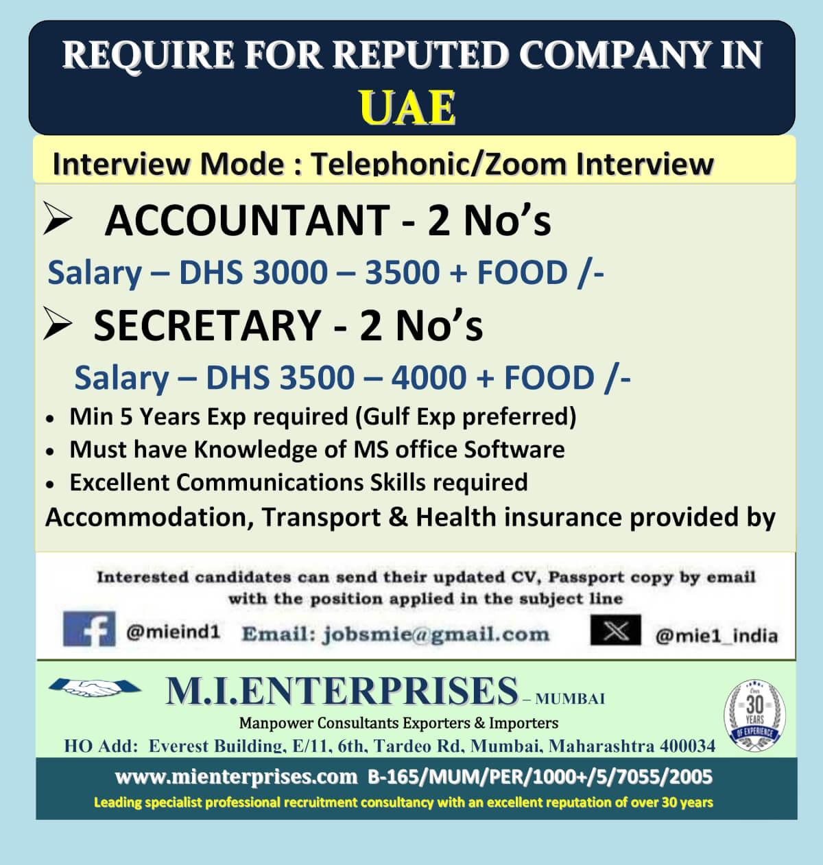 REQUIRE FOR REPUTED COMPANY IN        UAE