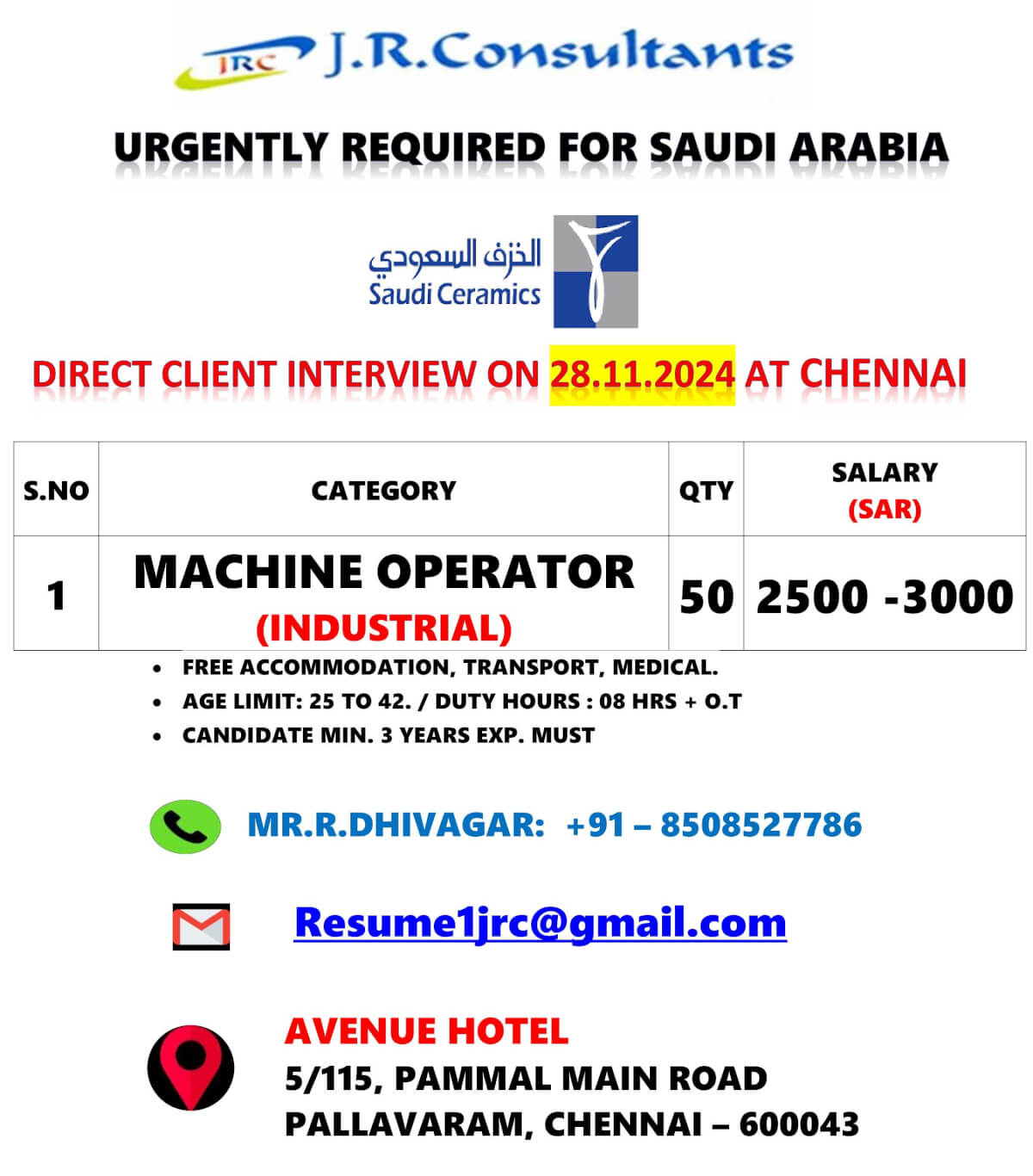 URGENTLY REQUIRED FOR SAUDI ARABIA