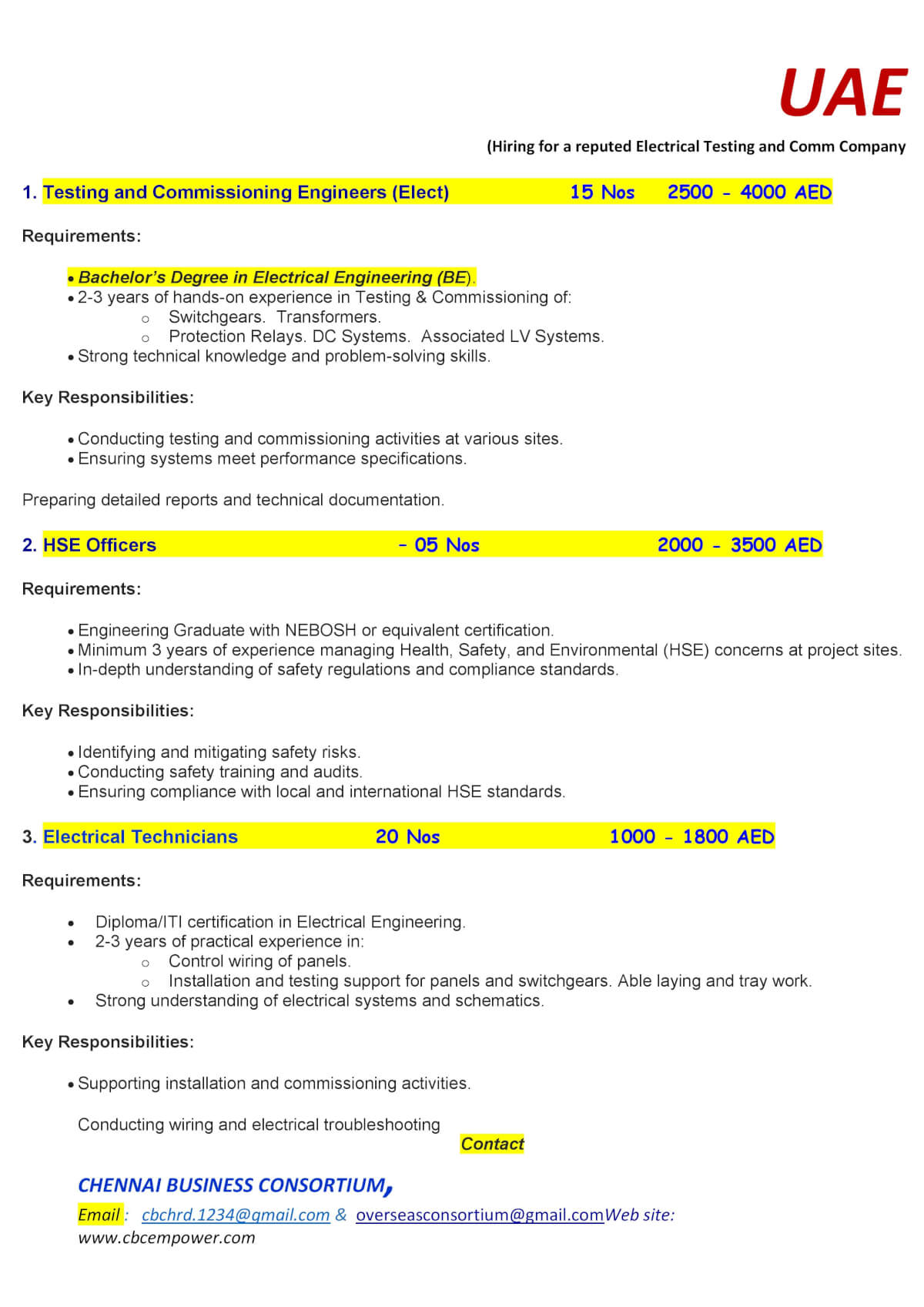 TESTING ENGINEER, HSE OFFICER & ELECTRICAL TECHNICIAN