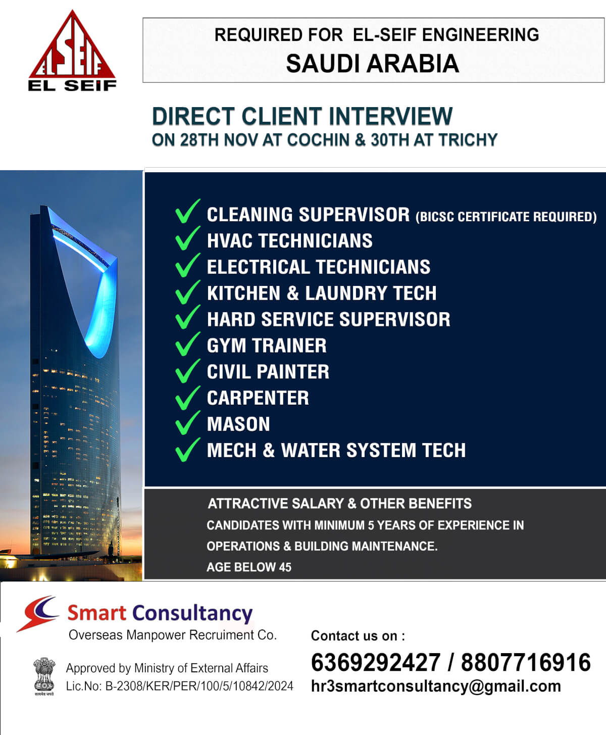 El-Seif Engineering SAUDI ARABIA DIRECT CLIENT INTERVIEWON 28TH NOV AT COCHIN & 30TH AT TRICHY