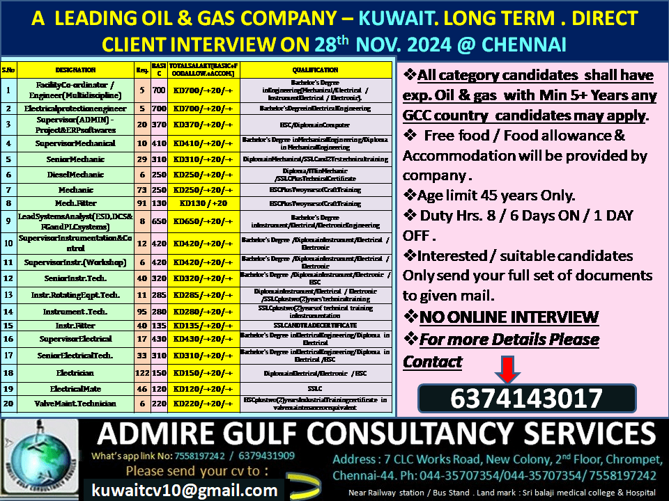 A LEDING OIL & GAS COMPANY - KUWAIT LONG TERM ,. DIRECT CLIENT INTERVIEW ON 28th NOV. 2024 @ CHENNAI