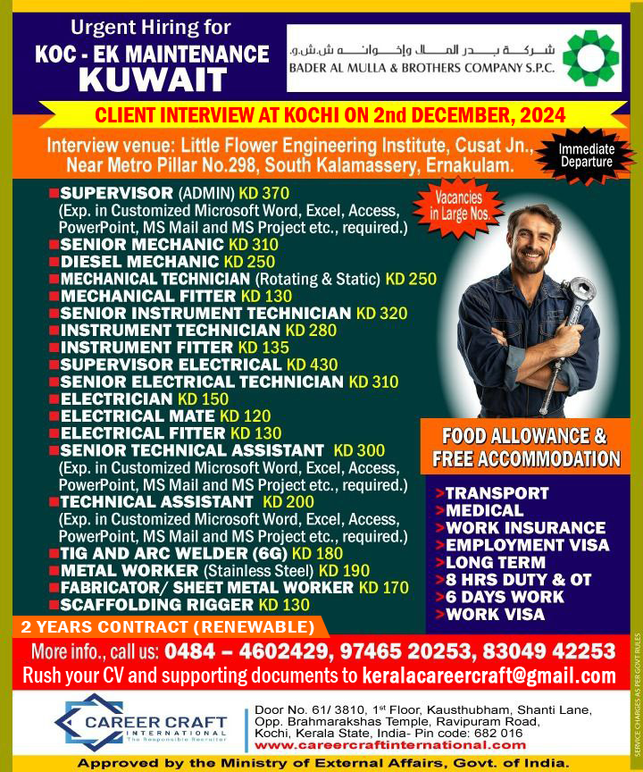 Client Interview at Kochi on 2nd November, 2024 for Bader Al Mulla Group, Kuwait -