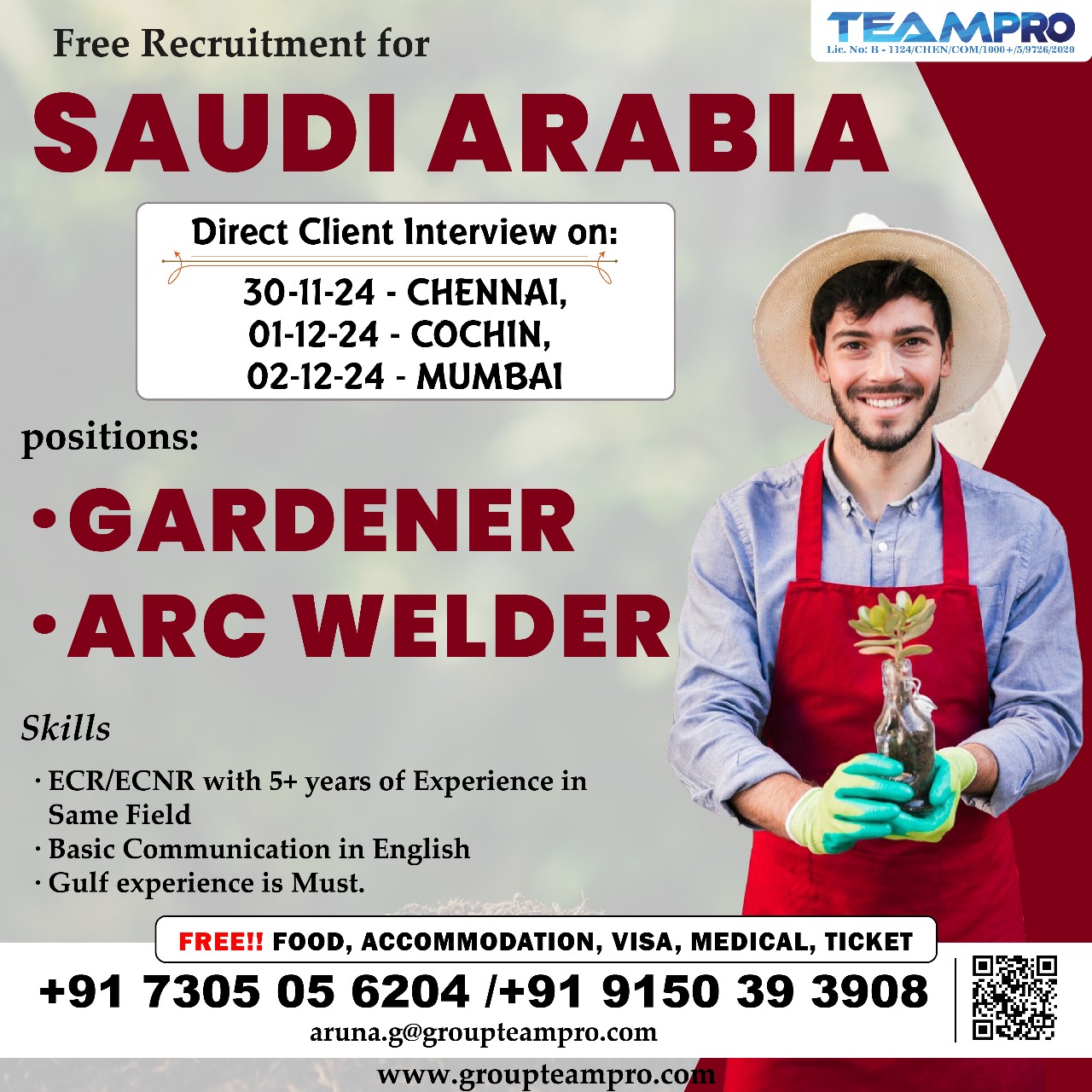 Free recruitment for saudi Arabia Direct interview in Cochin, chennai, Mumbai