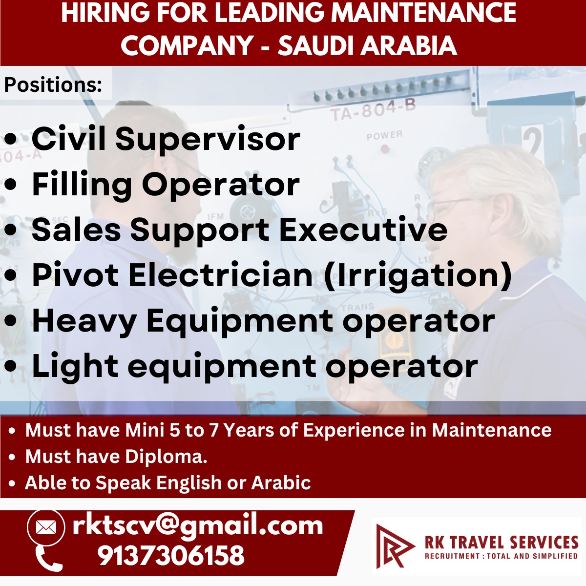 HIRING FOR LEADING MAINTENANCE COMPANY - SAUDI ARABIA