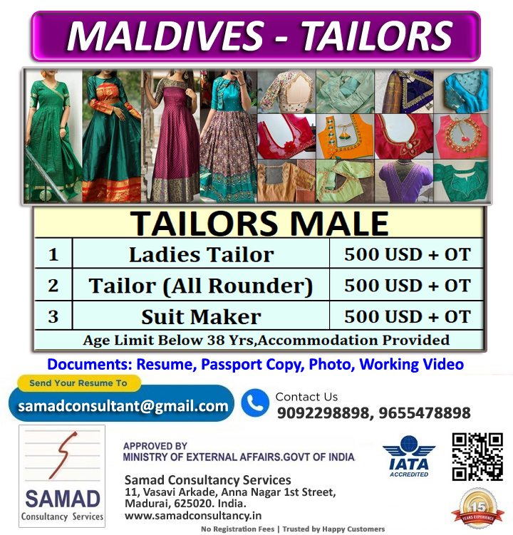 MALDIVES - EMPLOYMENT VISA,  TAILORS - 10 NO'S