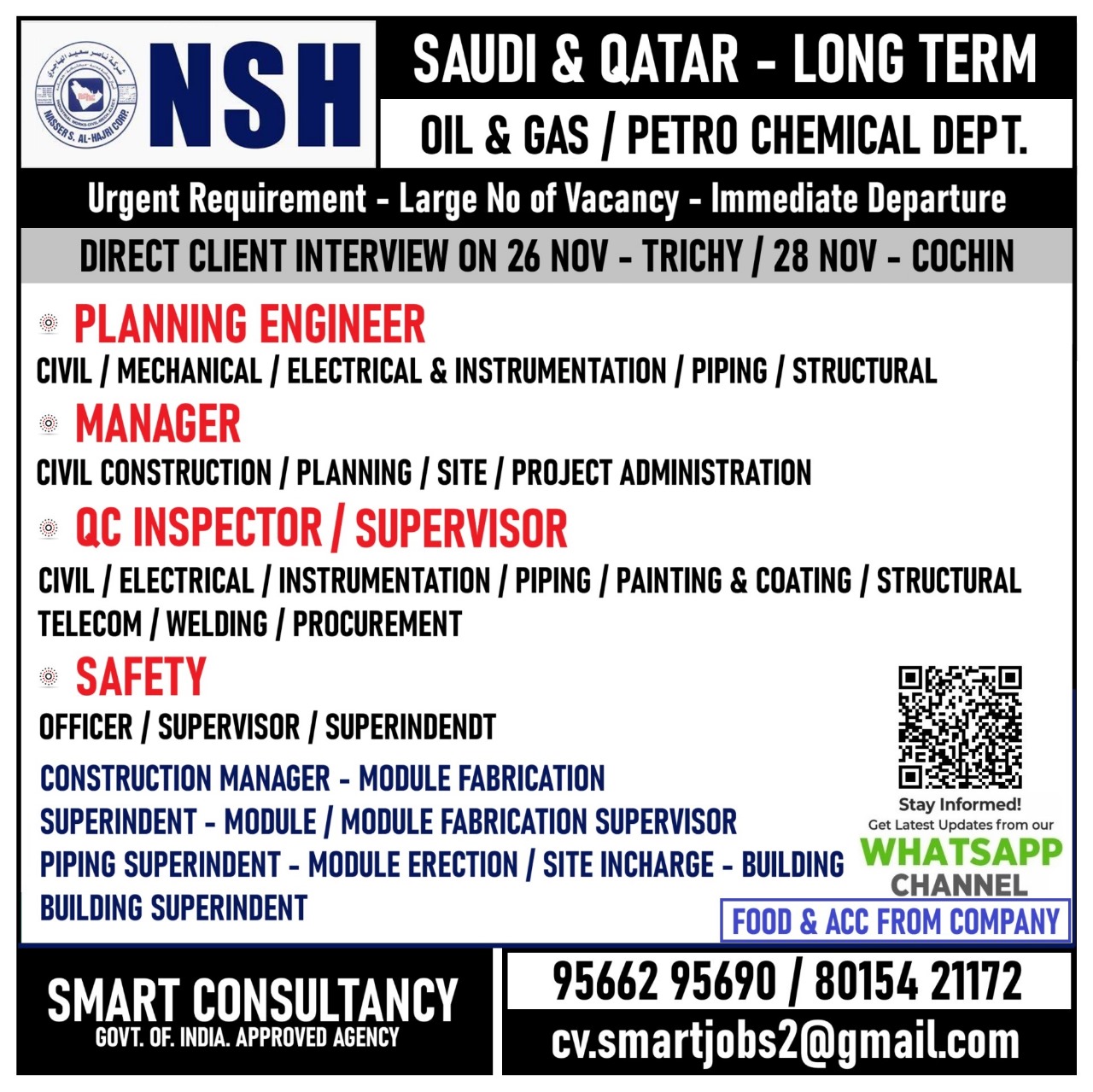 WANTED FOR A LEADING OIL & GAS MAINTENANCE COMPANY - SAUDI ARABIA & QATAR / DIRECT CLIENT INTERVIEW ON 26 & 28 NOV - TRICHY