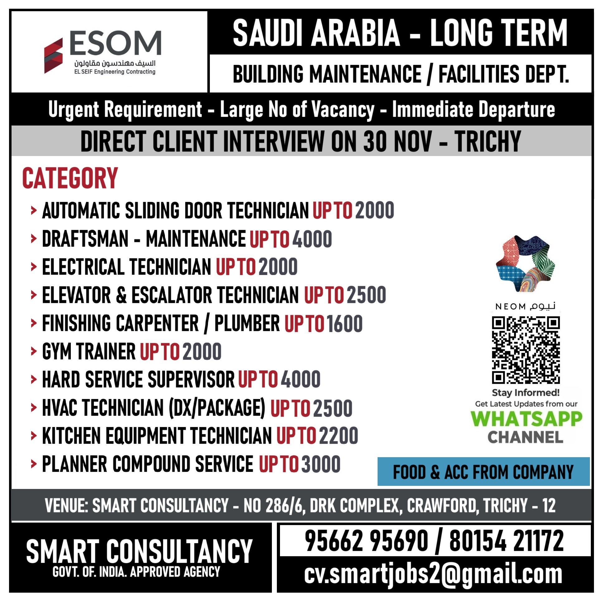 WANTED FOR A LEADING MAINTENANCE COMPANY - SAUDI ARABIA / DIRECT CLIENT INTERVIEW ON 30 NOV - TRICHY