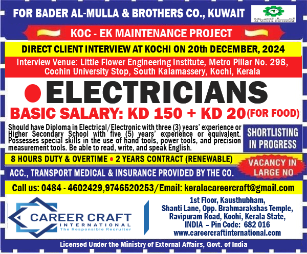 Client Interview at Kochi on 2nd December, 2024 for Bader Al Mulla and Brothers, Kuwait -