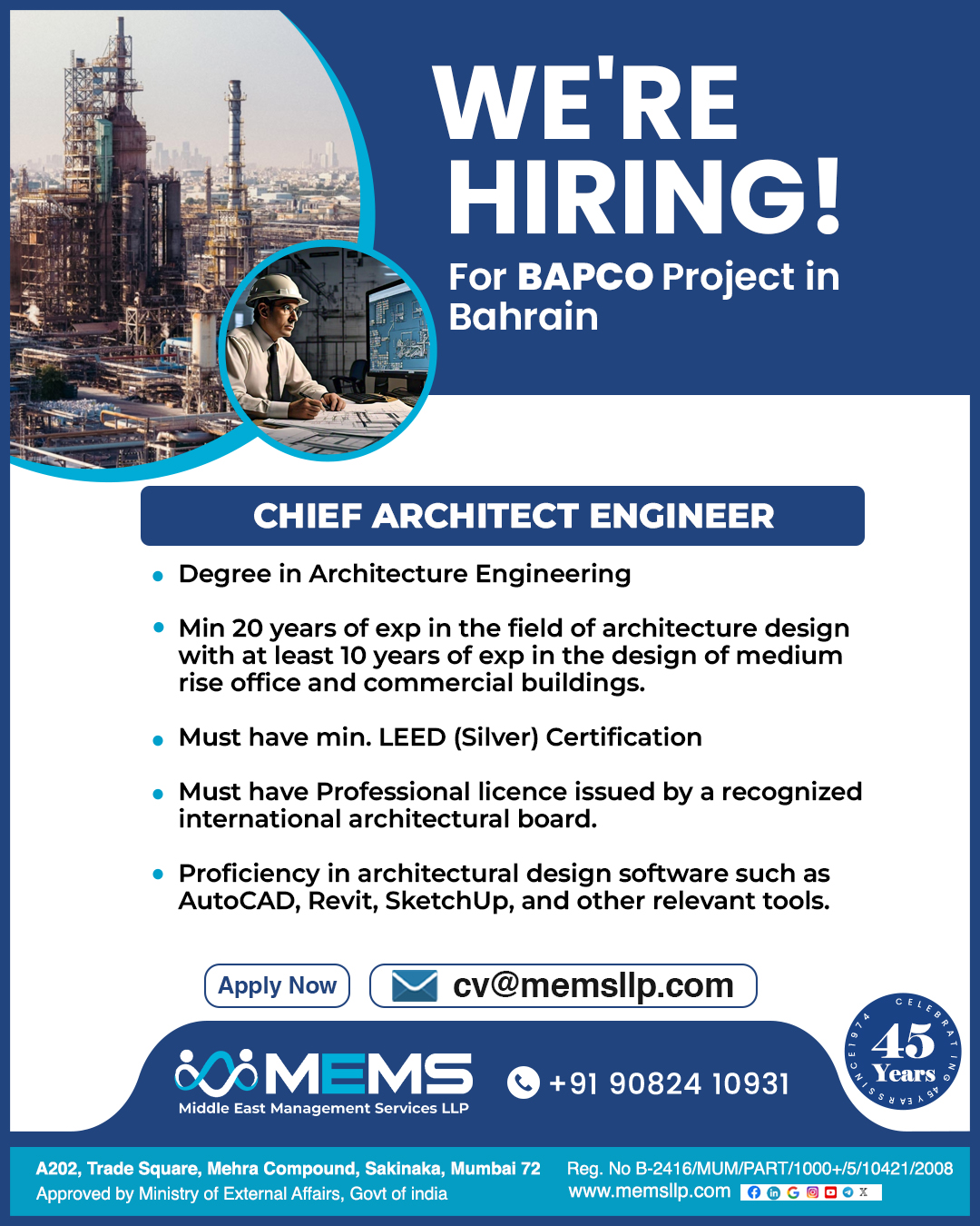 Join the BAPCO Project in Bahrain as a Chief Architect Engineer