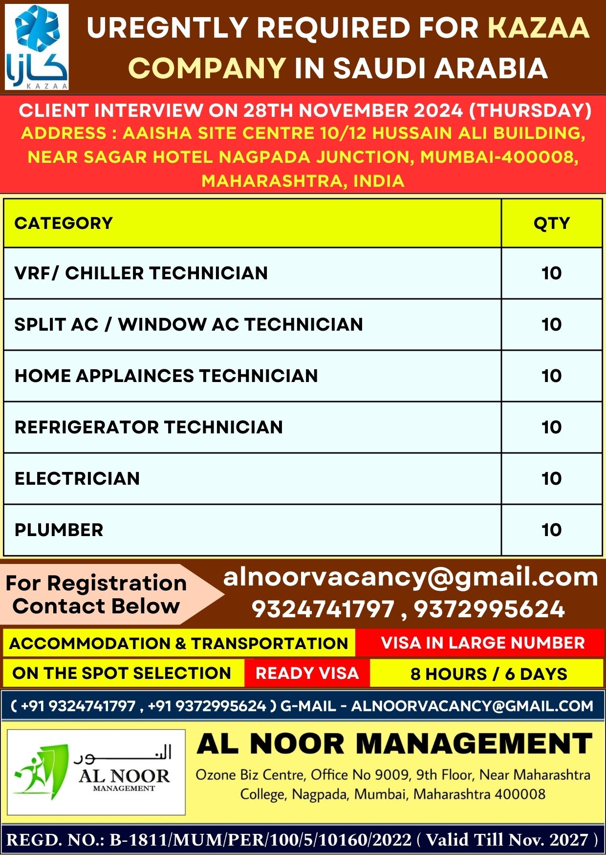 UREGNTLY REQUIRED FOR KAZAA COMPANY IN SAUDI ARABIA