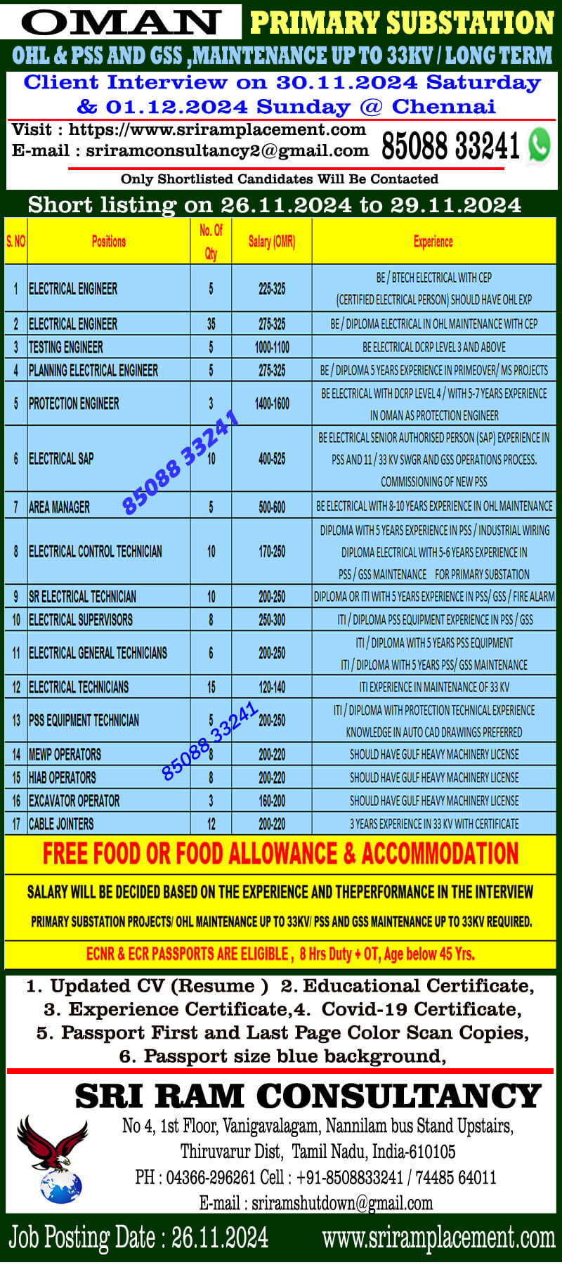 Urgent Recruitment for PRIMARY SUBSTATION / OHL MAINTENANCE UP TO 33KV/ PSS AND GSS MAINTENANCE UP TO 33KV,  Oman Long term project. apply:  sriramconsultancy2@gmail.com / visit https://whatsapp.com/channel/0029VaGCAbBJ93wTllBRDs3F