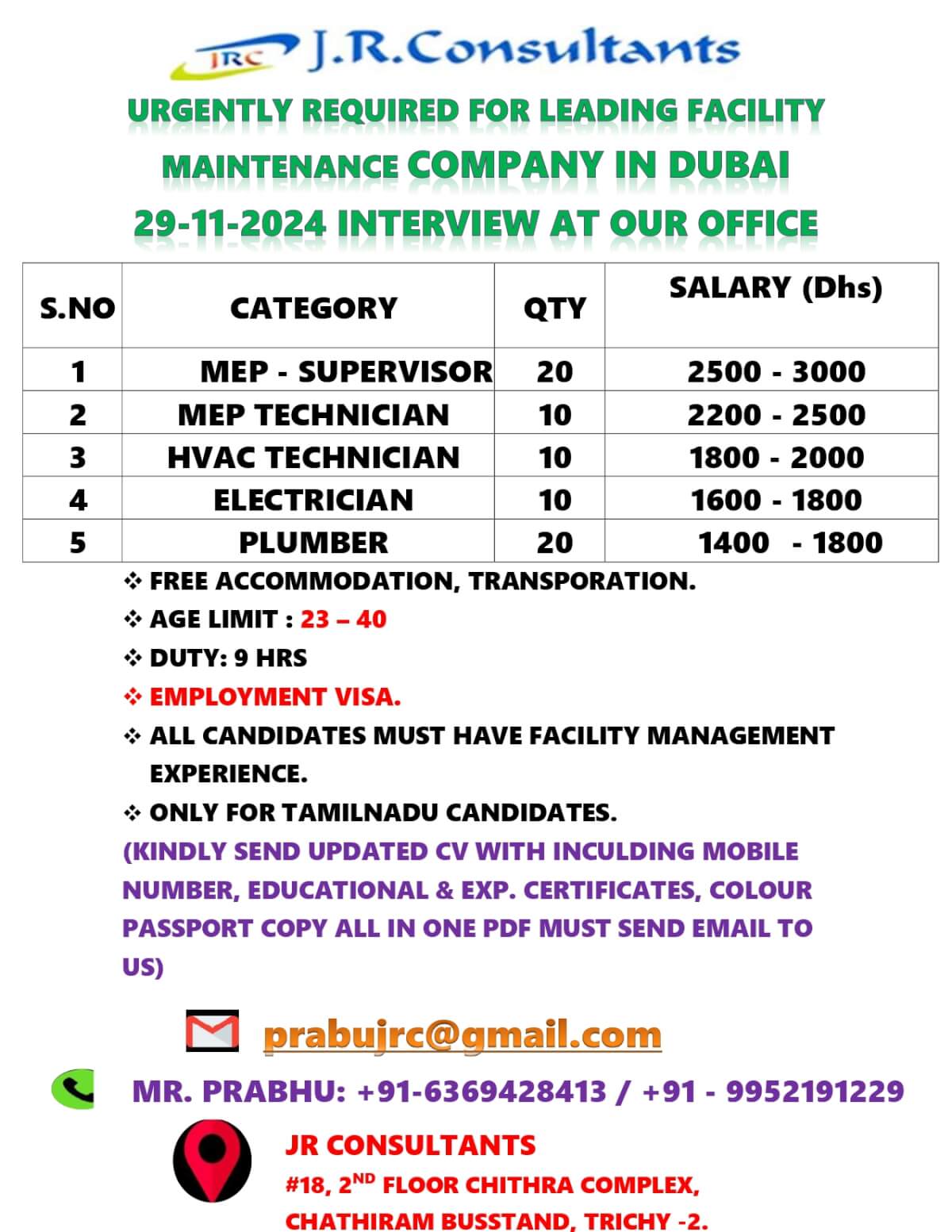 URGENTLY REQUIRED FOR LEADING FACILITY MAINTENANCE COMPANY