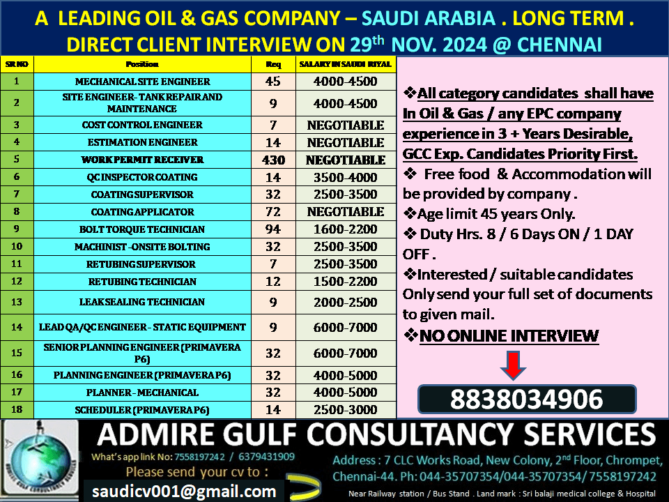 A  LEADING OIL & GAS COMPANY - LONG TERM & SHORT TERM . SAUDI ARABIA . DIRECT CLIENT INTERVIEW ON 29th NOVEMBER 2024 @ CHENNAI