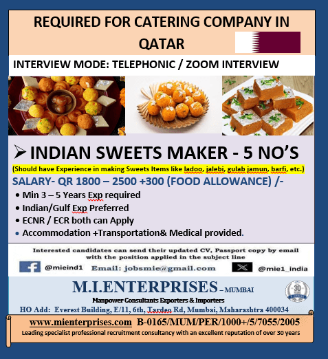 REQUIRED FOR CATERING COMPANY IN QATAR